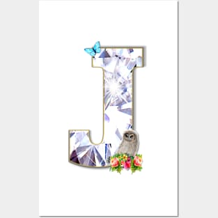 Name Initial Letter J and Baby Owl Posters and Art